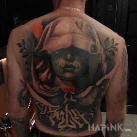 Tattoo Female version of an assassin on the shoulder blades motif: faces style: realistic