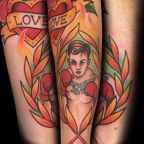 Tattoo Boxing on the forearm motif: colorful style: oldschool