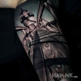 Tattoo Lighthouse on the bicep motif: 3D style: realistic