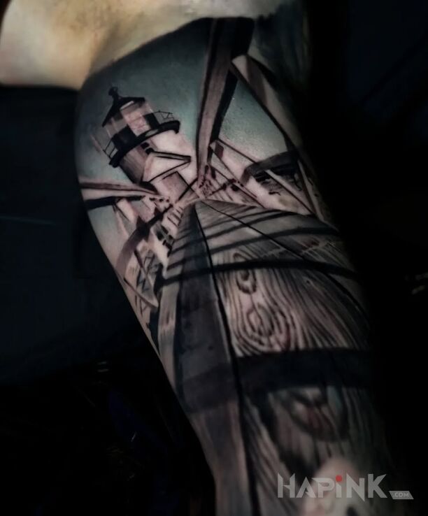 Tattoo Lighthouse in 3D motif and realistic style on the bicep