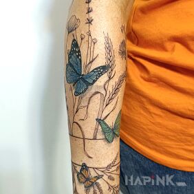 Tattoo Meadow field on the forearm motif: butterflies style: graphic / illustrative