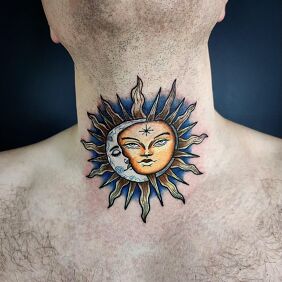 Tattoo SUN AND MOON NECK on the neck motif: other style: engravings / gravure