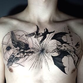 Tattoo ANGEL AND DEVIL, DOVE AND RAVEN on the chest motif: animals style: graphic / illustrative