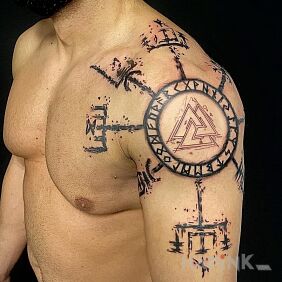 Tattoo Nordic runes around the shoulder on the upper arm motif: ornaments style: graphic / illustrative
