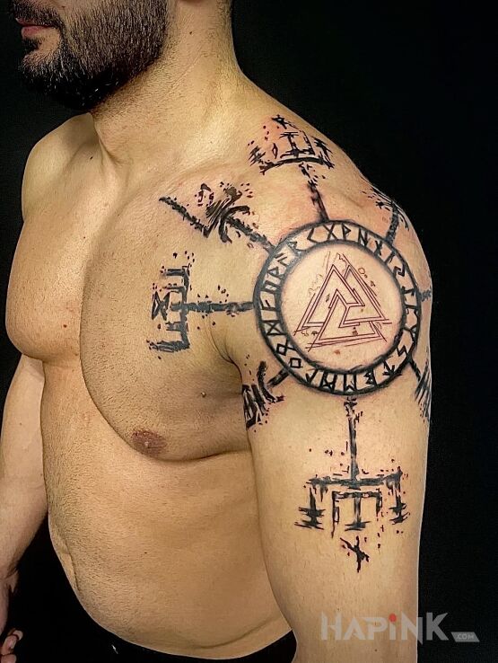 Tattoo Nordyckie runy dookoła barku in black and gray motif and graphic / illustrative style on the shoulder