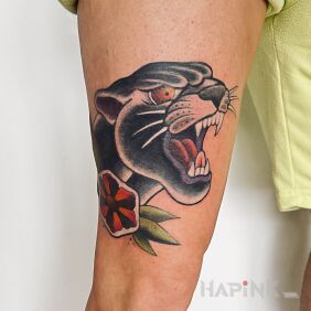 Tattoo Oldschool panther in color on the leg motif: animals style: oldschool