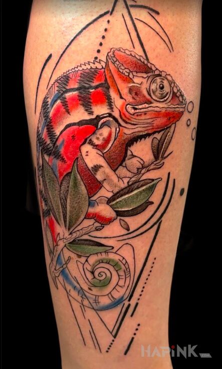 Tattoo Kameleon na łydce in colorful motif and realistic style on the leg