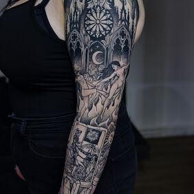 Tattoo Burning Church on the upper arm motif: Stained glass style: graphic / illustrative