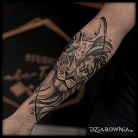 Tatuaż Dorosły lew/małe lwiątko na ręce motyw: zwierzęta styl: dotwork