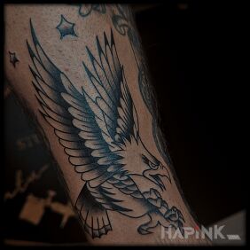 Tattoo Eagle in old school on the leg motif: black and gray style: oldschool