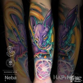 Tattoo Beerus Dragon Ball Anime Cover on the forearm motif: cover-up style: cartoon / comic book