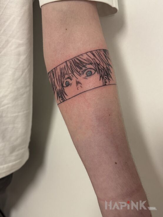 Tattoo Satori Gojo in manga / anime motif and contour / linework style On the arm