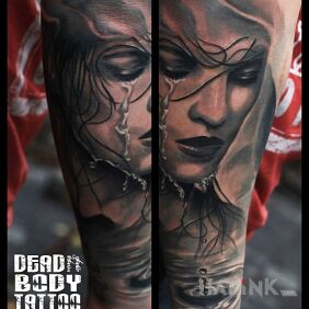 Tattoo Part of a sleeve :) on the forearm motif: faces style: realistic