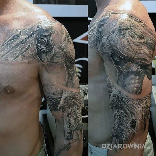 Tatuaż bóg mórz i oceanów w motywie postacie na ramieniu