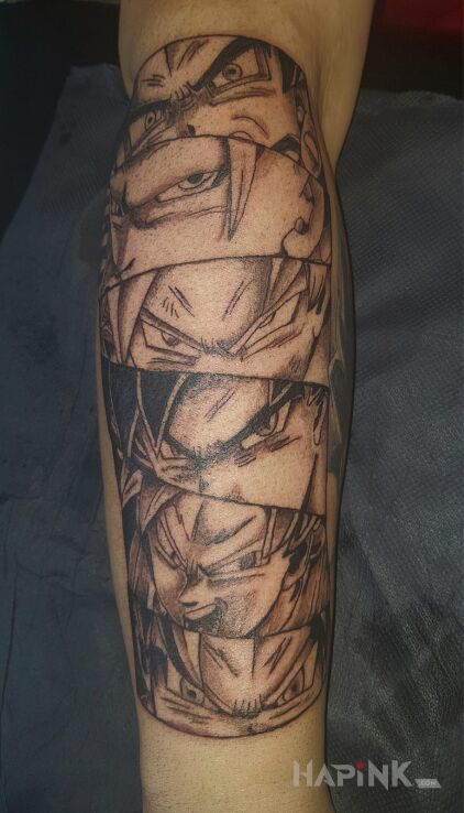 Tattoo Główne postacie z dragon balla in black and gray motif and cartoon / comic book style on the forearm