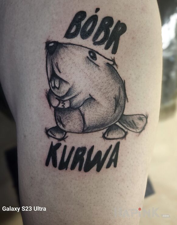 Tattoo Boberek in animals motif and cartoon / comic book style on the leg