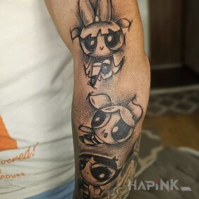 Tattoo Powerpuff Girls On the arm motif: black and gray style: cartoon / comic book