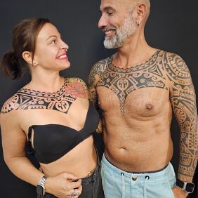Tattoo Polynesian tattoo for a couple, sleeve, chest, freehand on the chest motif: ornaments style: Polynesian