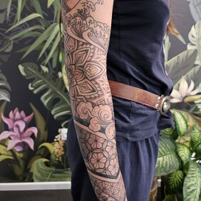 Tattoo Geometric forearm and elbow sleeve On the arm motif: black and gray style: contour / linework