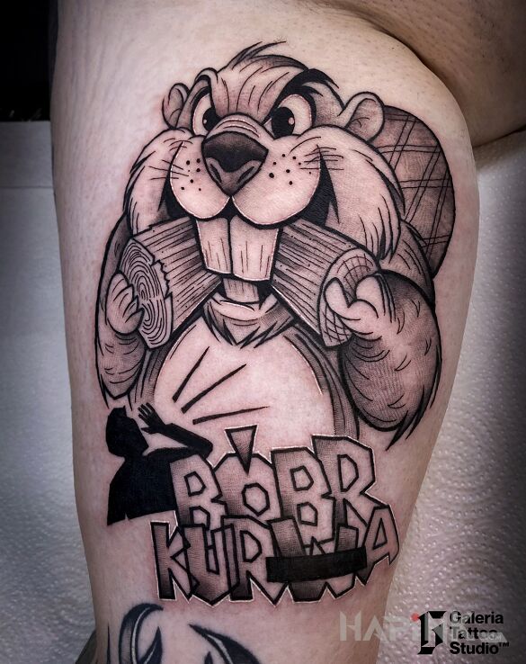 Tattoo Ale bydle! Bober in funny motif and newschool style On the arm