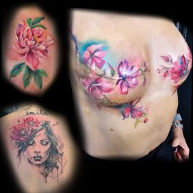 Tattoo Feminine compositions, scar cover-up tattoo on the chest motif: colorful style: realistic