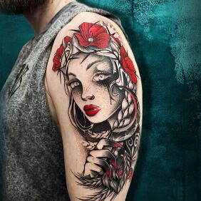 Tattoo POŁUDNICA - Slavic goddess of death on the upper arm motif: characters style: graphic / illustrative