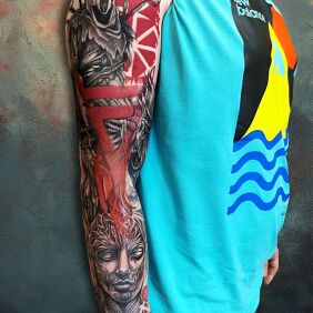Tattoo ⚡️POWER OF SLAVIC SPIRITS IN TRASH POLKA⚡️ On the arm motif: faces style: trash polka