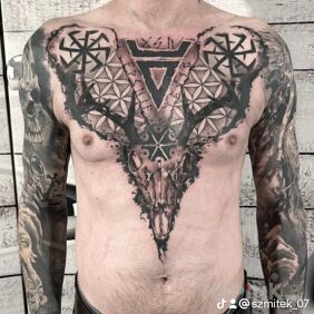 Tattoo Slavic vibes on the chest motif: dark style: graphic / illustrative
