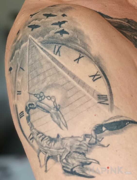 Tattoo Skorpion in zodiac signs motif and realistic style on the upper arm