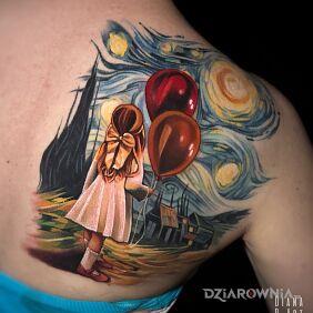 Tatuaż Artystyczny Cover-up <3 na plecach motyw: postacie styl: graficzne / ilustracyjne