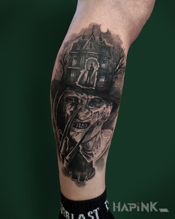 Tattoo Freddy Krueger in black and gray motif and realistic style on the calf
