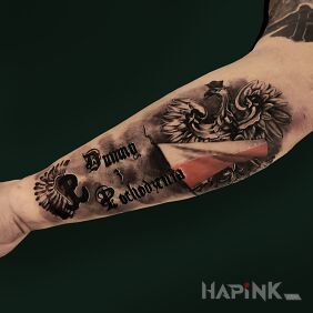 Tattoo Patriotic on the forearm motif: black and gray style: realistic