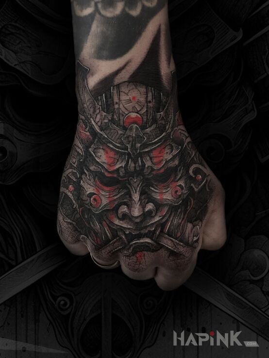 Tattoo Samuraj in fantasy motif and graphic / illustrative style on the hand