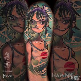 Tattoo Noodle from Gorillaz On the arm motif: colorful style: graphic / illustrative