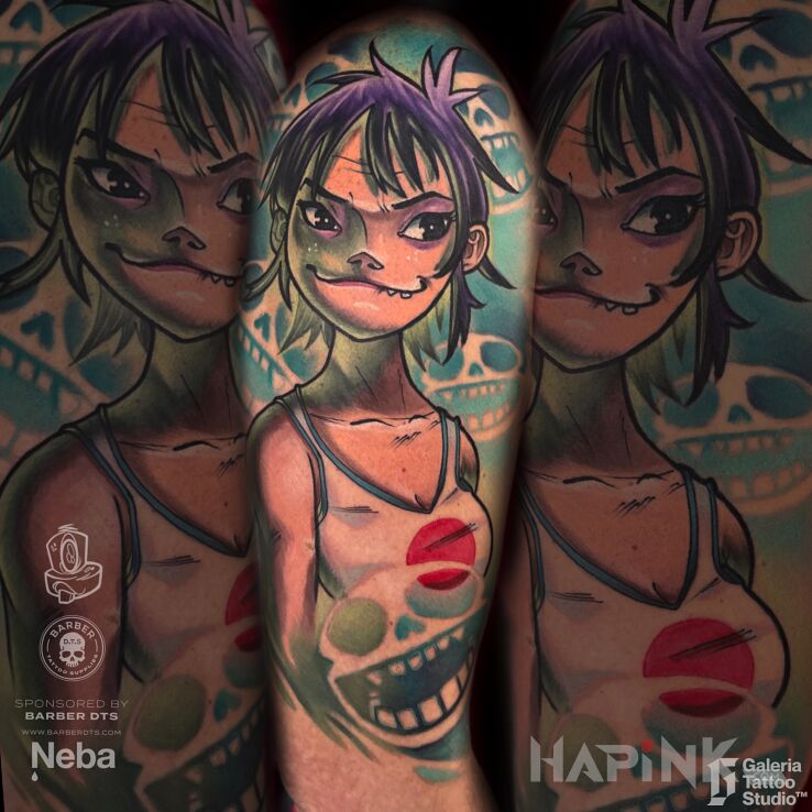 Tattoo Noodle z Gorillaz in characters motif and newschool style On the arm