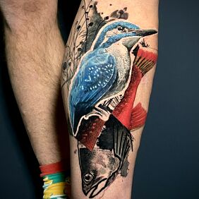 Tattoo Bird and fish on the calf motif: colorful style: graphic / illustrative