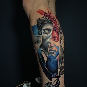 Tattoo Face color eye mouth abstraction on the calf motif: colorful style: abstract