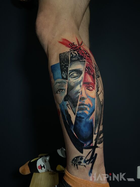 Tattoo Twarz kolor oko usta abstrakcja in faces motif and abstract style on the leg