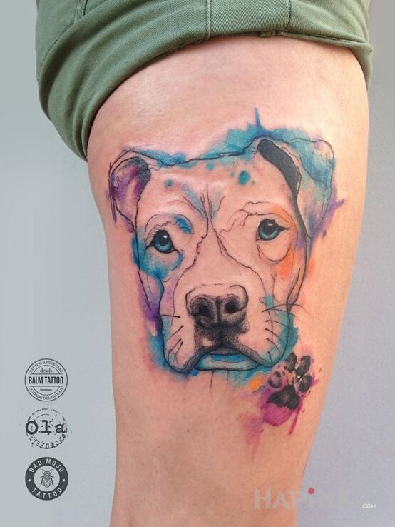 Tattoo Pieseł w watercolorze in animals motif and Watercolor style on the leg