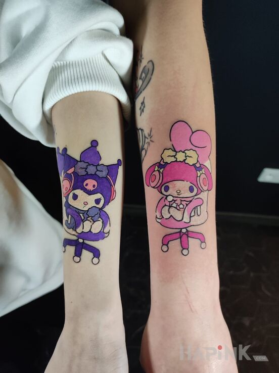 Tattoo Matching in color in characters motif and graphic / illustrative style on the forearm