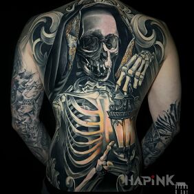Tattoo Grim Reaper Back Tattoo on the back motif: 3D style: realistic