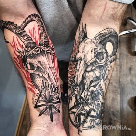 Tatuaż Dwie rogate czachy na przedramieniu motyw: czarno-szare styl: graficzne / ilustracyjne