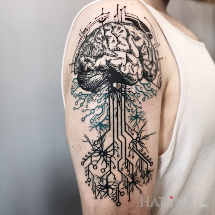 Tattoo Mózg i ślady myśli in black and gray motif and graphic / illustrative style on the upper arm