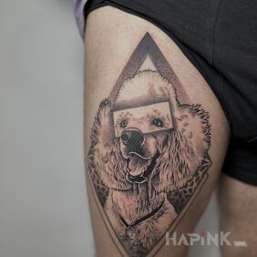 Tattoo Dog portrait for our client - with a touch of fantasy! on the thigh motif: black and gray style: dotwork
