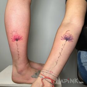Tattoo Floral, symbolic tattoos for two friends on the leg motif: floral style: Watercolor