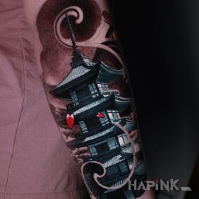 Tattoo Japanese Church on the forearm motif: colorful style: realistic
