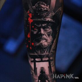 Tattoo Fearsome samurai on the forearm motif: black and gray style: realistic