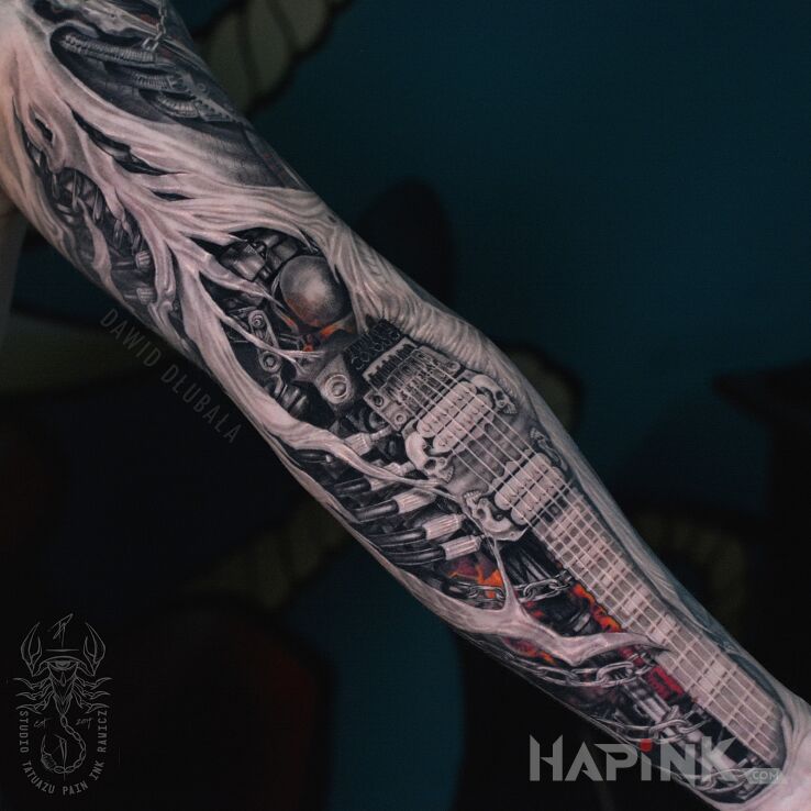 Tattoo Biomechaniczna gitara elektryczna in dark motif and realistic style on the forearm