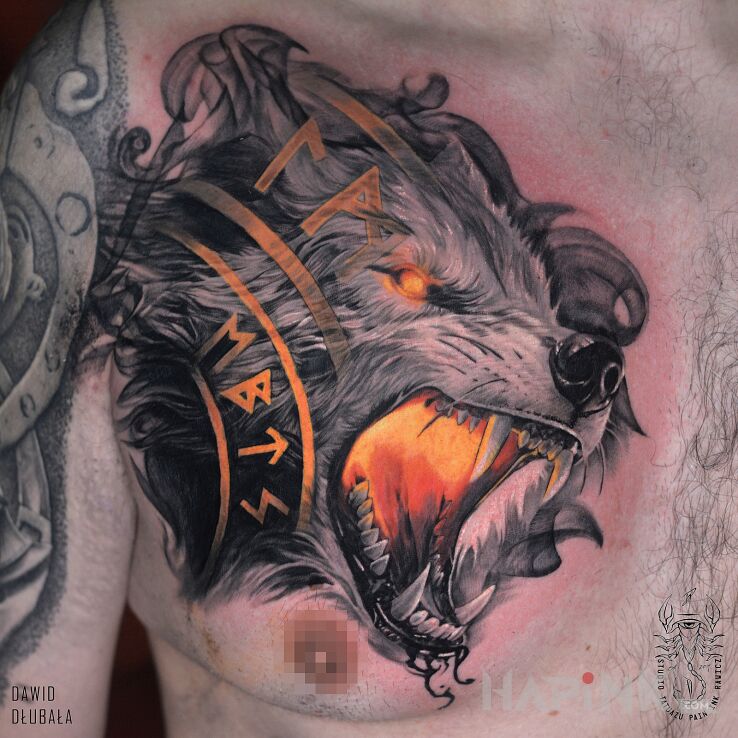 Tattoo Wilk Fenrir in fantasy motif and realistic style on the chest