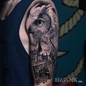 Tattoo Film-inspired design based on the Harry Potter series on the upper arm motif: fantasy style: realistic